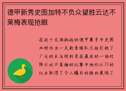 德甲新秀史图加特不负众望胜云达不莱梅表现抢眼