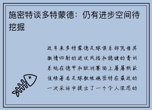 施密特谈多特蒙德：仍有进步空间待挖掘